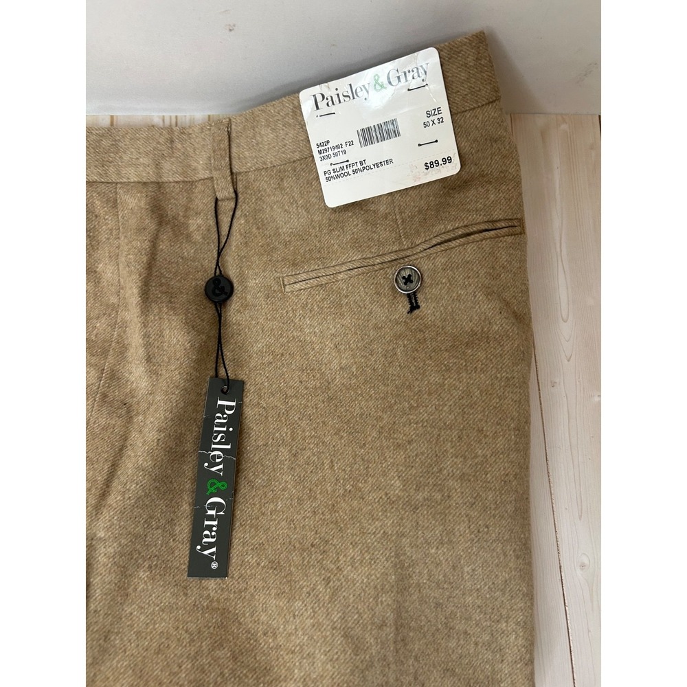Paisley & Gray Beige Flat Front Wool Poly Blend Solid Dress Pants Size 50/32 Big - Picture 12 of 13